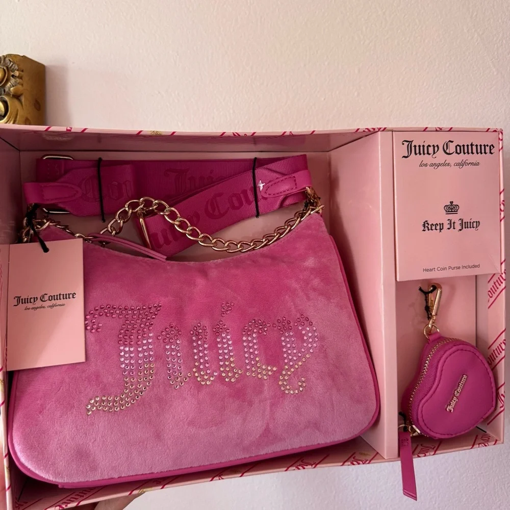 New Juicy Couture Velour bag with coin purse keychain set - Picture 2 of 4